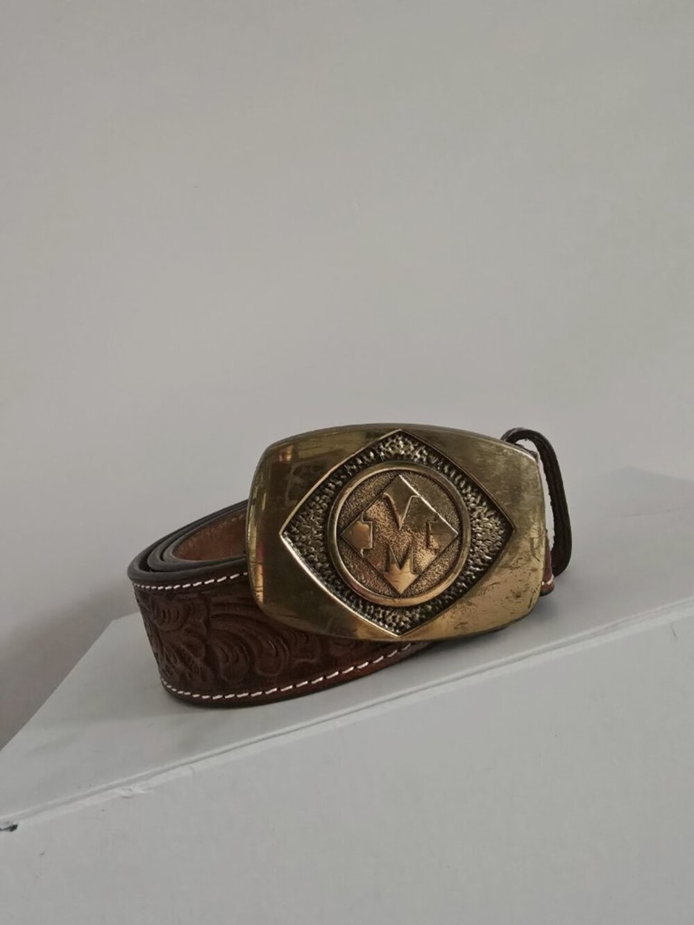 Nocona Brown Tooled Floral Embossed Leather Buckle Belt Mens Size 38 Western